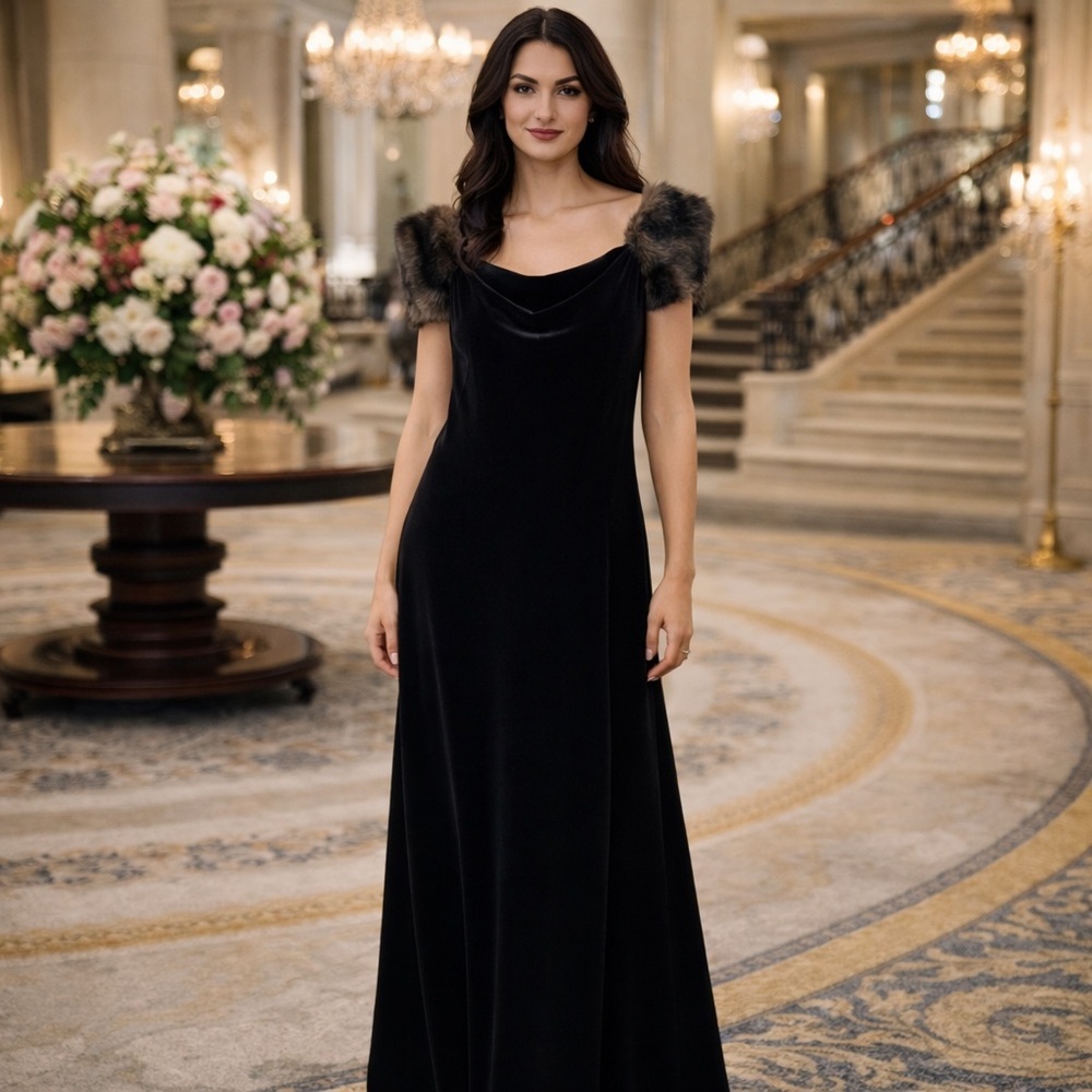 VINTAGE BLACK VELVET MINK SHOULDER ELEGANT LONG FLOWY SLEEVELESS MAXI DRESS 12